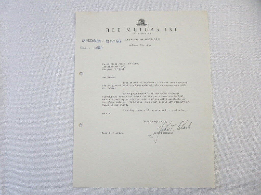 1945 REO Motors Inc Correspondence Letter Letterhead REO Truck Bus