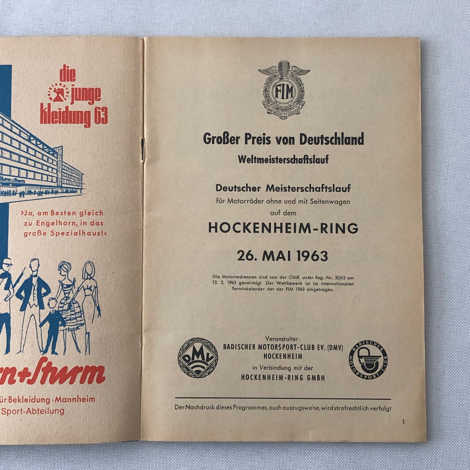 1963 Hockenheim Motorcycle Racing Grand Prix Race Program Book German