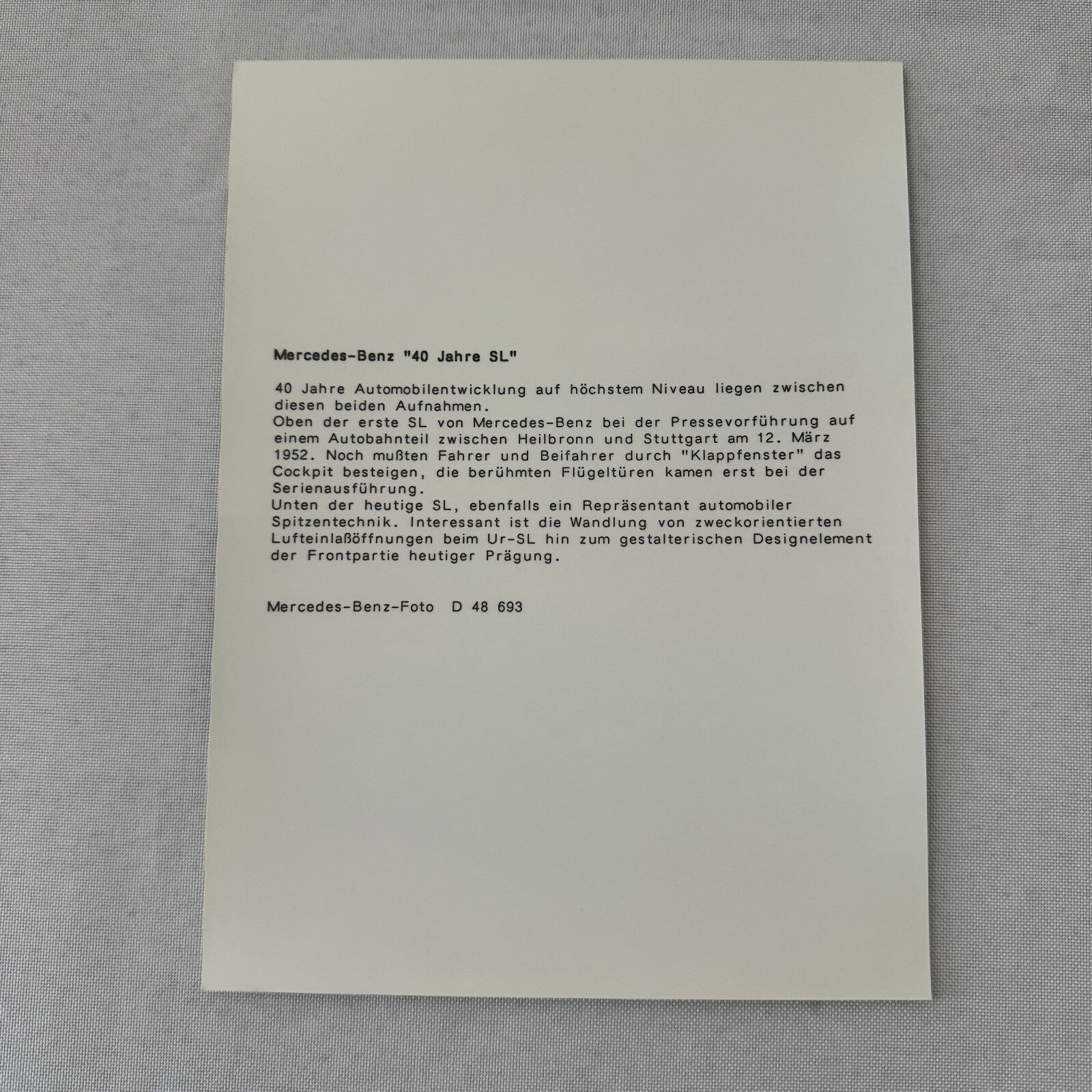 Mercedes Benz SL 40th Anniversary Factory Press Photo Photograph
