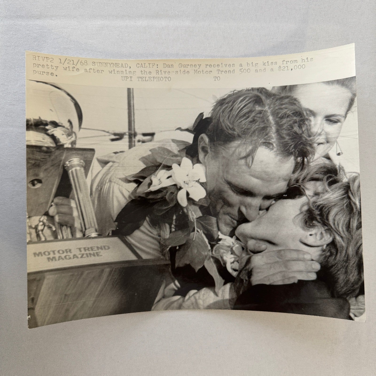 Vintage Racing Photo Dan Gurney Riverside Motor Trend 500 Race Win Kissing Wife