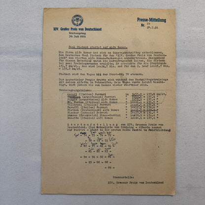 1951 AVD European Grand Prix at Nurburgring Racing Race Document Lot 2x