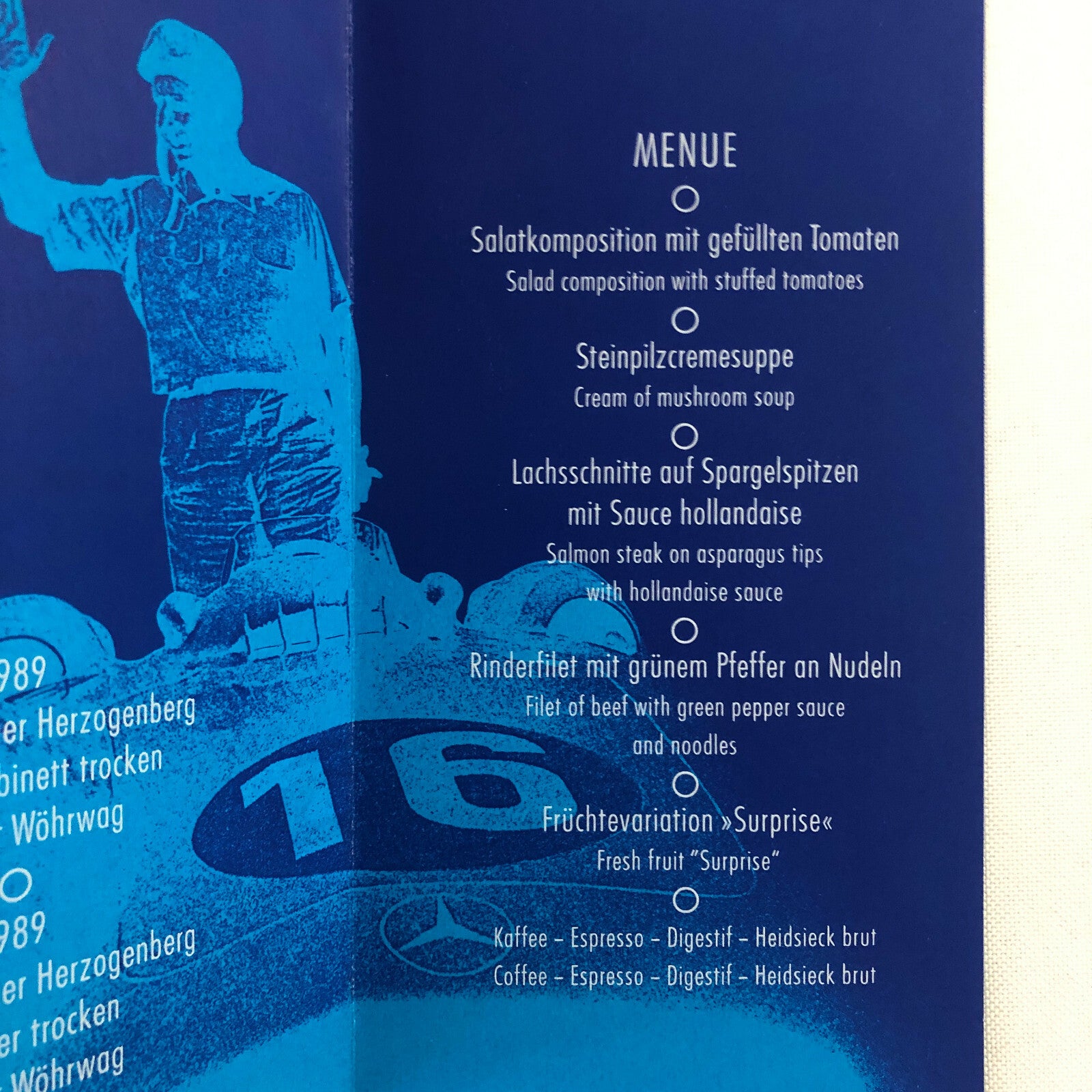 1991 A Tribute to Juan Manual Fangio Mercedes Benz Museum Menu Event Brochure 