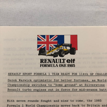 1985 Renault F1 Press Kit ELF Formula One Patrick Tambay Derek Warwick Team