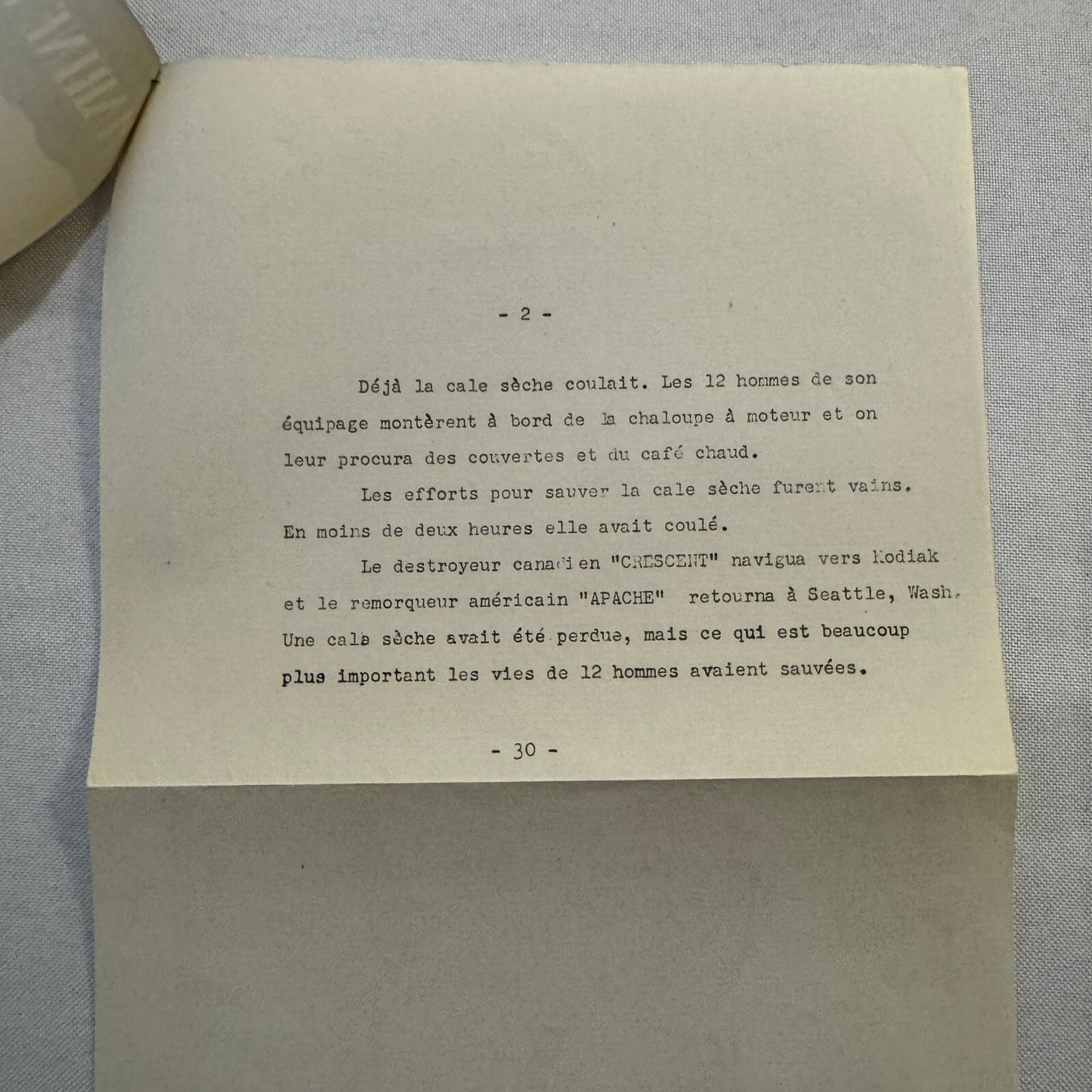 1946 Royal Canadian Navy Press Release Document HMCS Crescent Vintage FRENCH