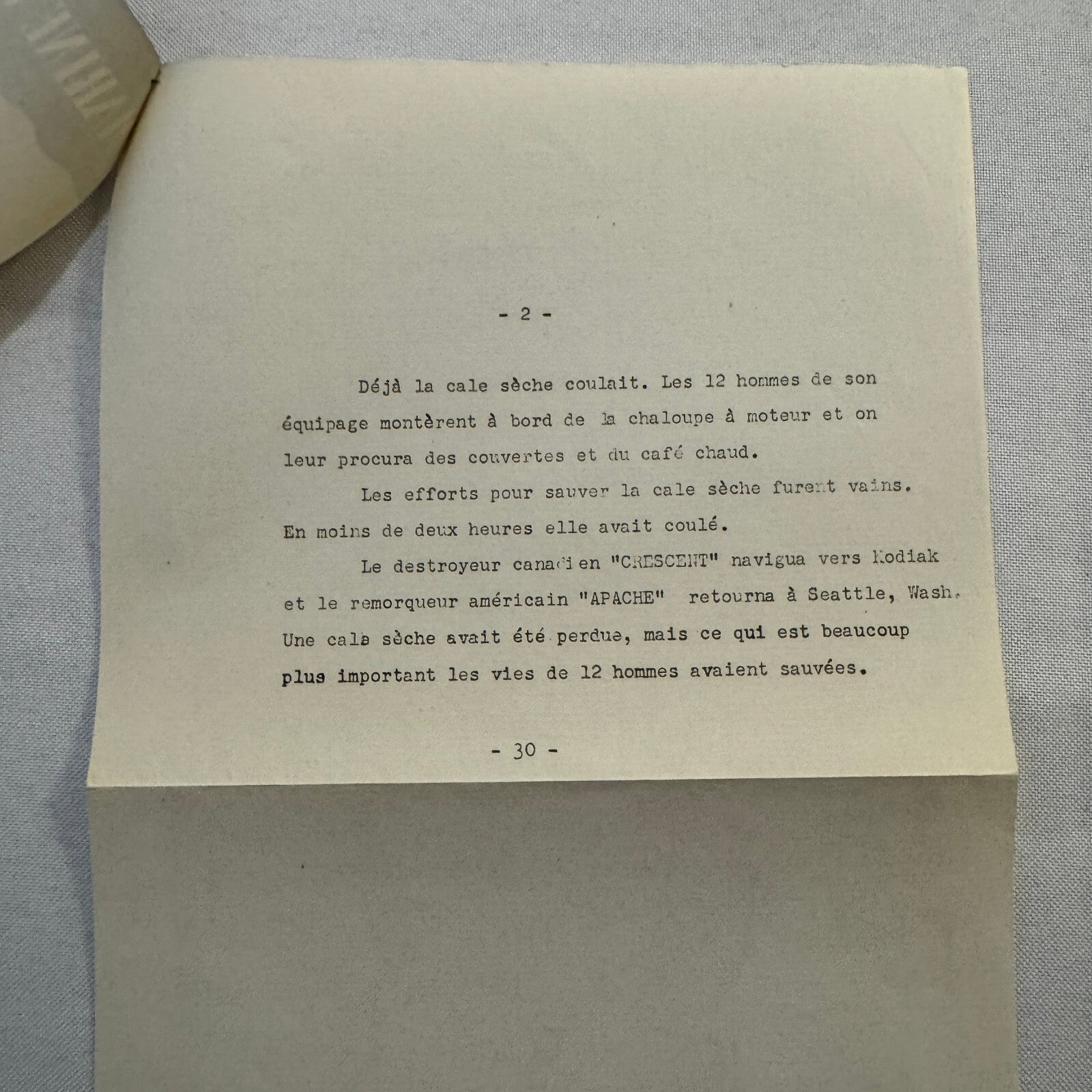 1946 Royal Canadian Navy Press Release Document HMCS Crescent Vintage FRENCH