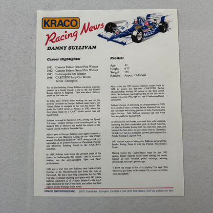 1992 Danny Sullivan Kraco Indy Car Racing Press Kit Brochure Photos Galmer Chevy