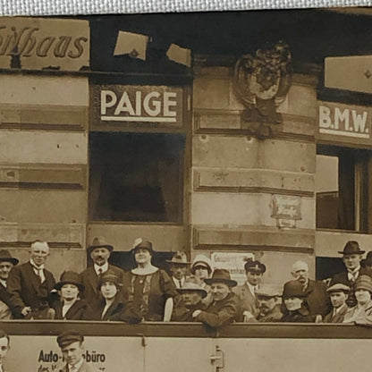 Antique Vintage RPPC Photo Postcard Post Card Bus outside Car Dealer BMW Paige +