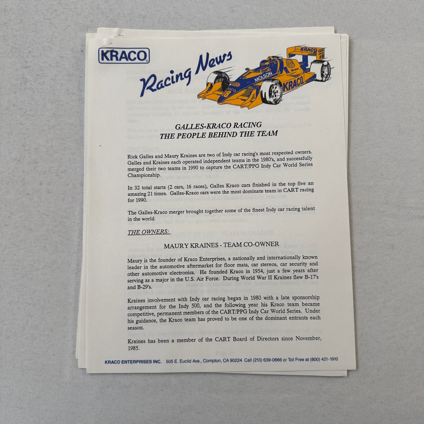 1991 Bobby Rahal Kraco Racing Press Kit Brochure Photos Lola Chevrolet Indy Car