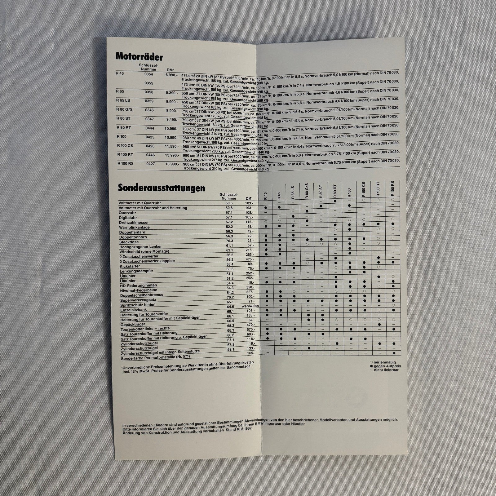 1982 BMW Motorcycle Bike Options Sales Brochure R45 R65 R80 R100 RT CS GERMAN