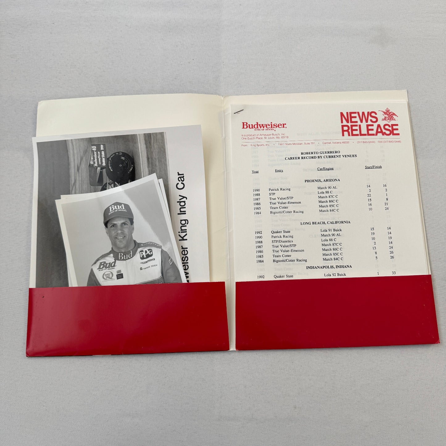 1993 Budweiser King Indy Car Racing Press Kit Roberto Guerrero