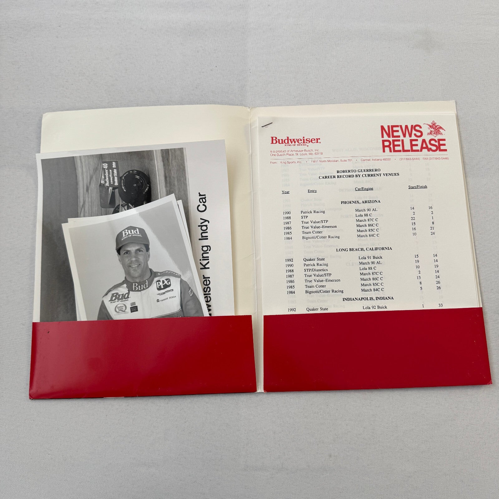 1993 Budweiser King Indy Car Racing Press Kit Roberto Guerrero