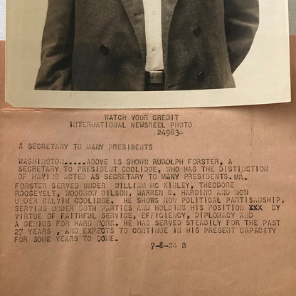 Press Photo Photograph Secretary President Calvin Coolidge Rudolph Foster 1924