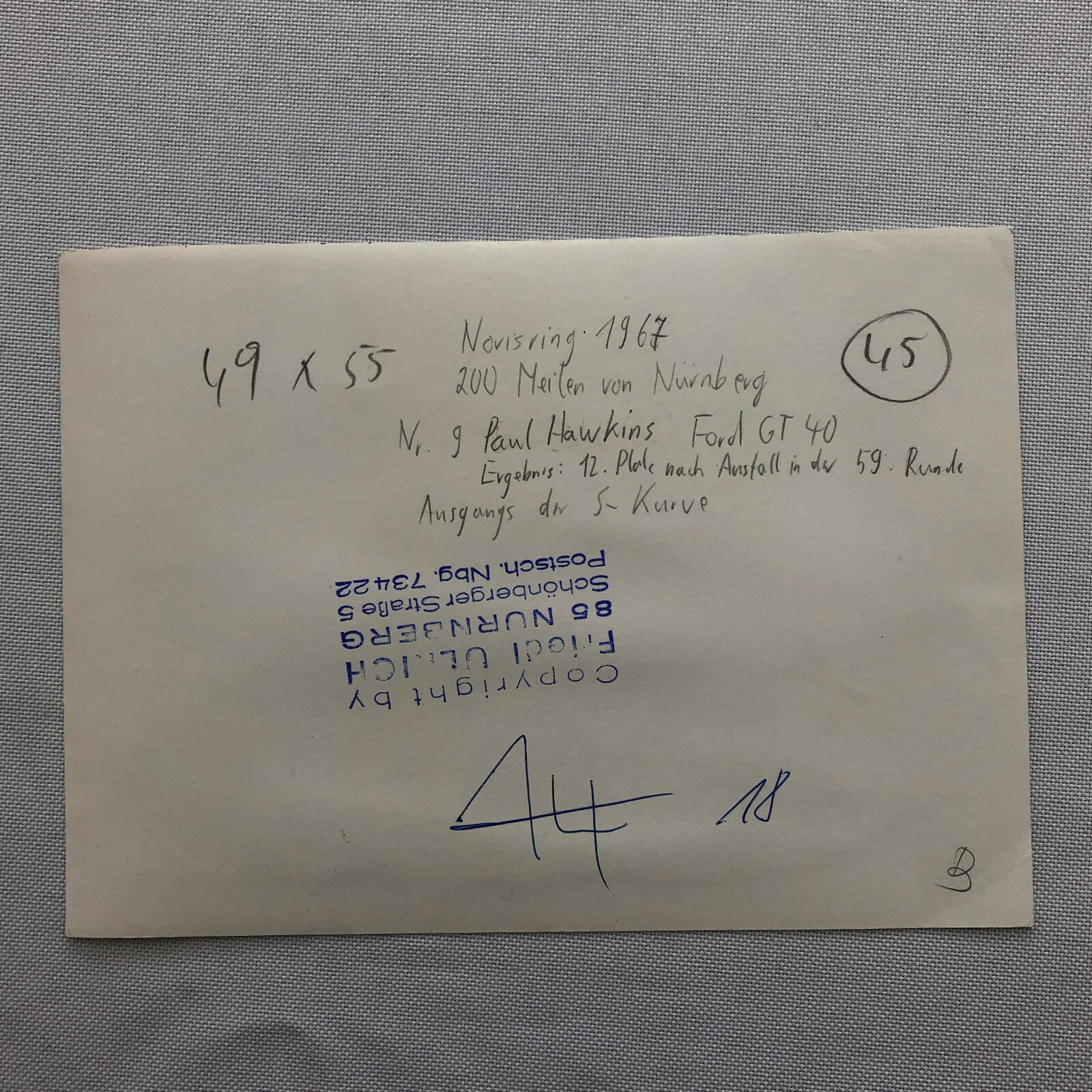 Vintage 1967 Ford GT40 and McLaren ? Racing Photo Photograph Norisring Hawkins 