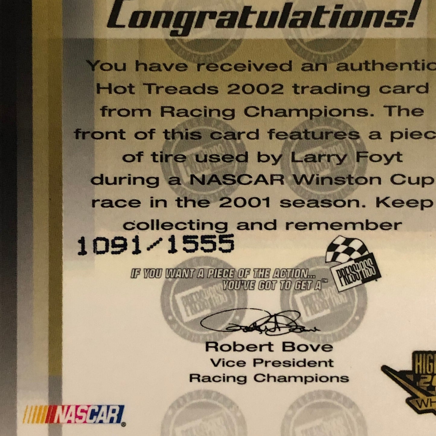 2002 Press Pass Hot Treads Tire Relic Card Larry Foyt NASCAR