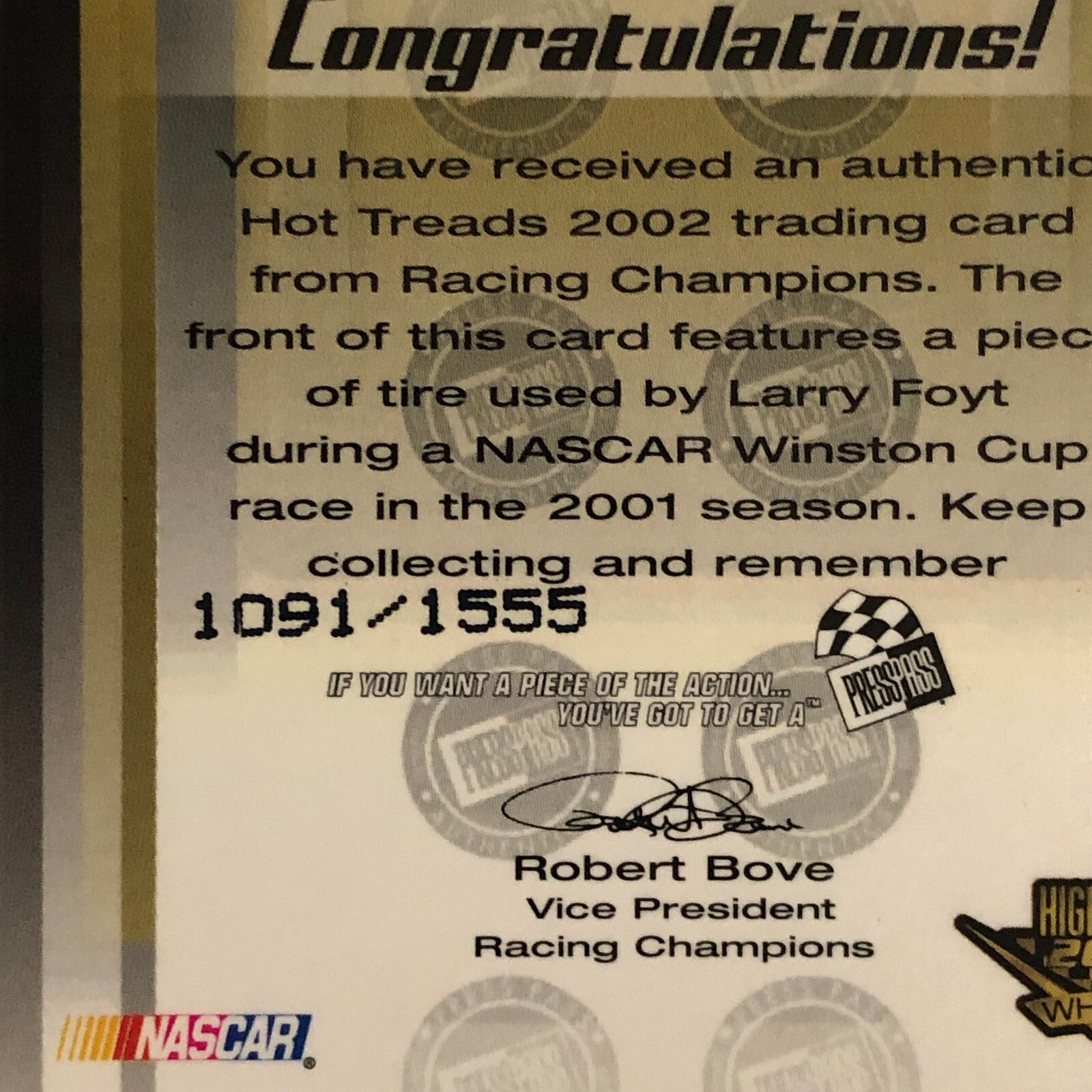 2002 Press Pass Hot Treads Tire Relic Card Larry Foyt NASCAR