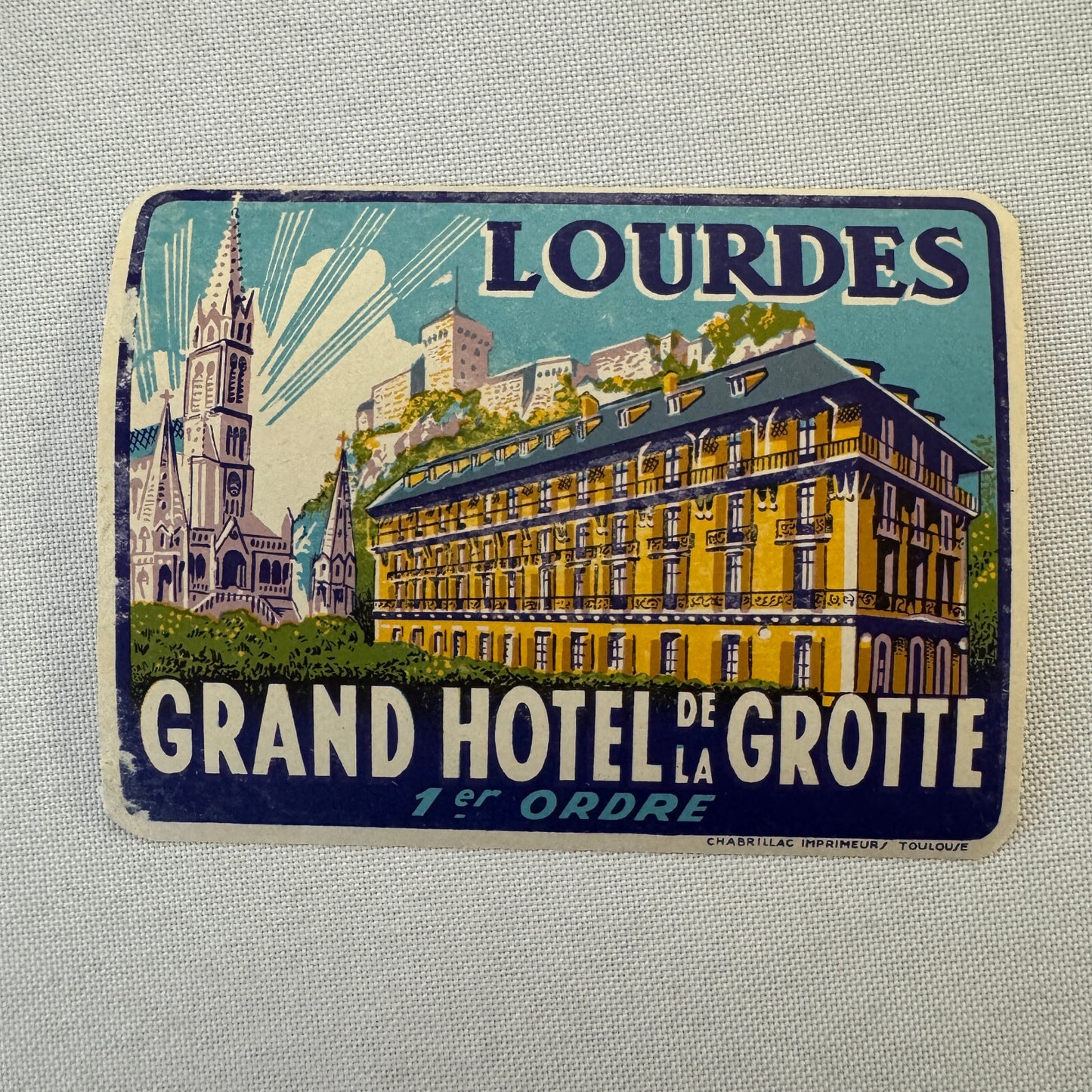 Vintage Travel Label Grand Hotel de la Grotte Lourdes France French