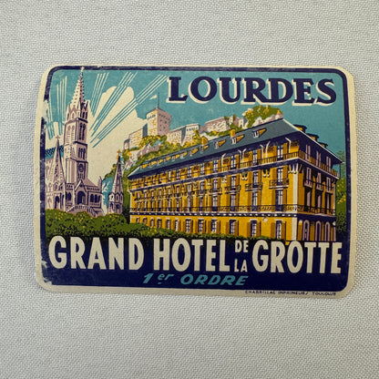 Vintage Travel Label Grand Hotel de la Grotte Lourdes France French