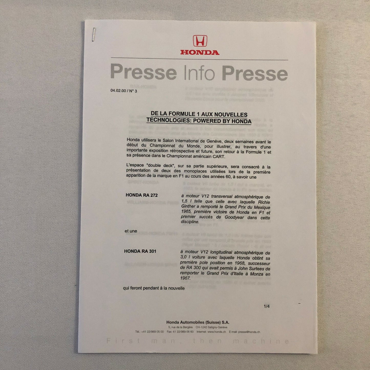 2000 Honda Formula 1 F1 Racing Press Kit Jacques Villeneuve Ricardo Zonta FRENCH