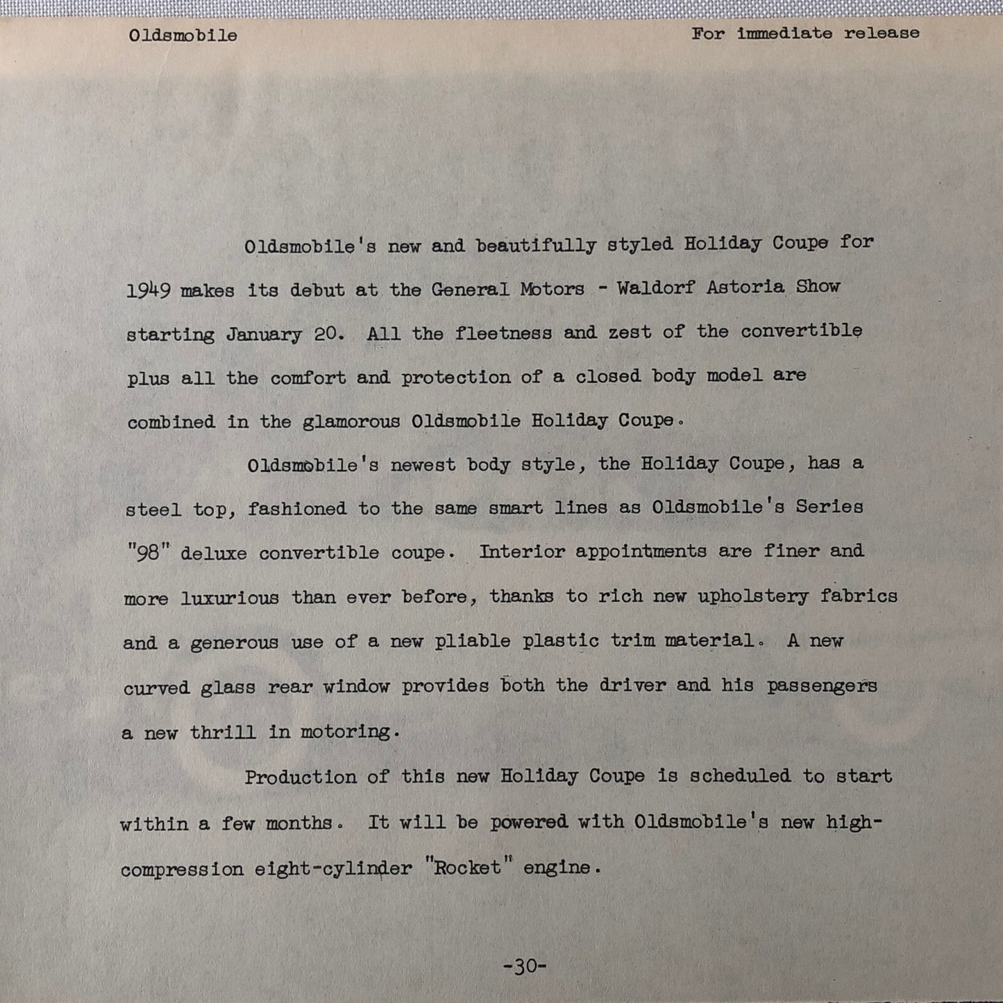 1949 Oldsmobile Series 98 Futuramic Coupe Factory Press Photo Photograph