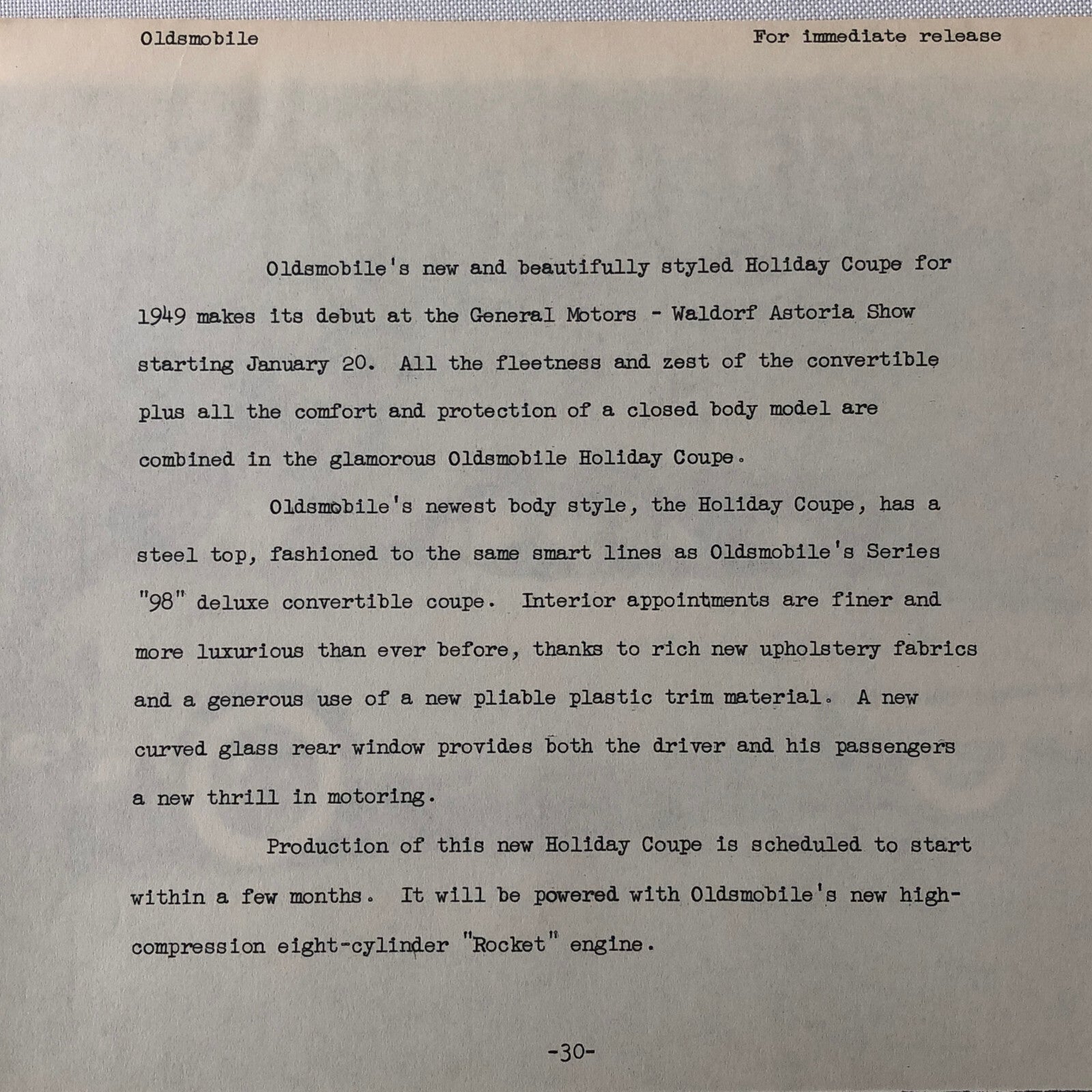 1949 Oldsmobile Series 98 Futuramic Coupe Factory Press Photo Photograph