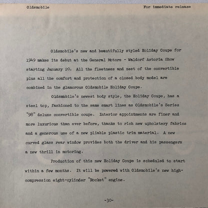 1949 Oldsmobile Series 98 Futuramic Coupe Factory Press Photo Photograph