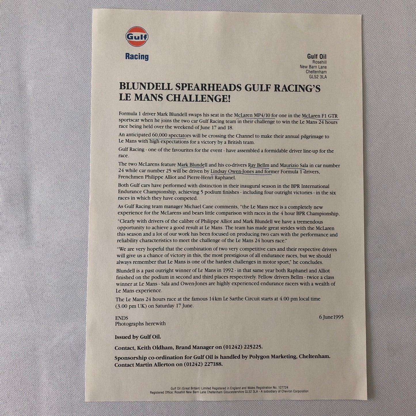 Gulf Racing McLaren F1 GTR Press Kit Brochure Photos