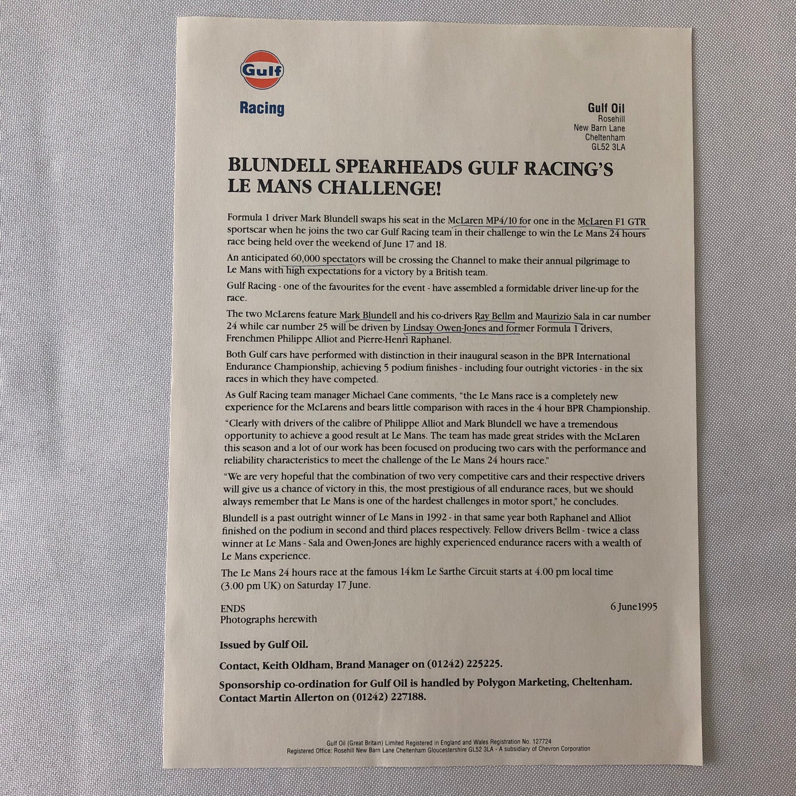 Gulf Racing McLaren F1 GTR Press Kit Brochure Photos