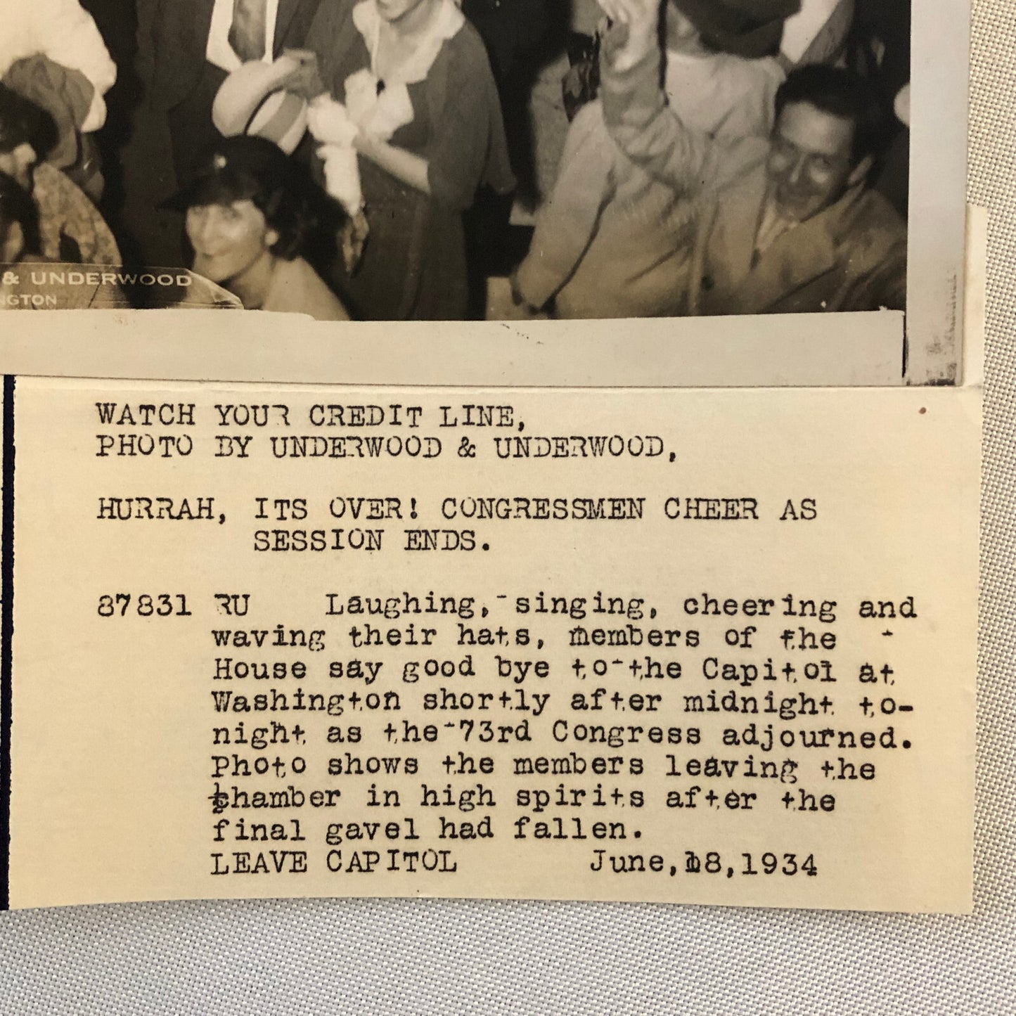 Press Photograph Photo Congress Members Cheering Session End 1934 Underwood
