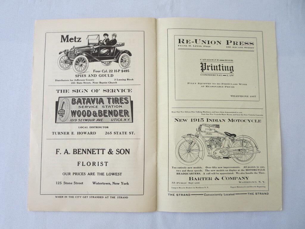 1915 Watertown New York Auto Show Program - Metz Indian Motorcycle Cadillac +