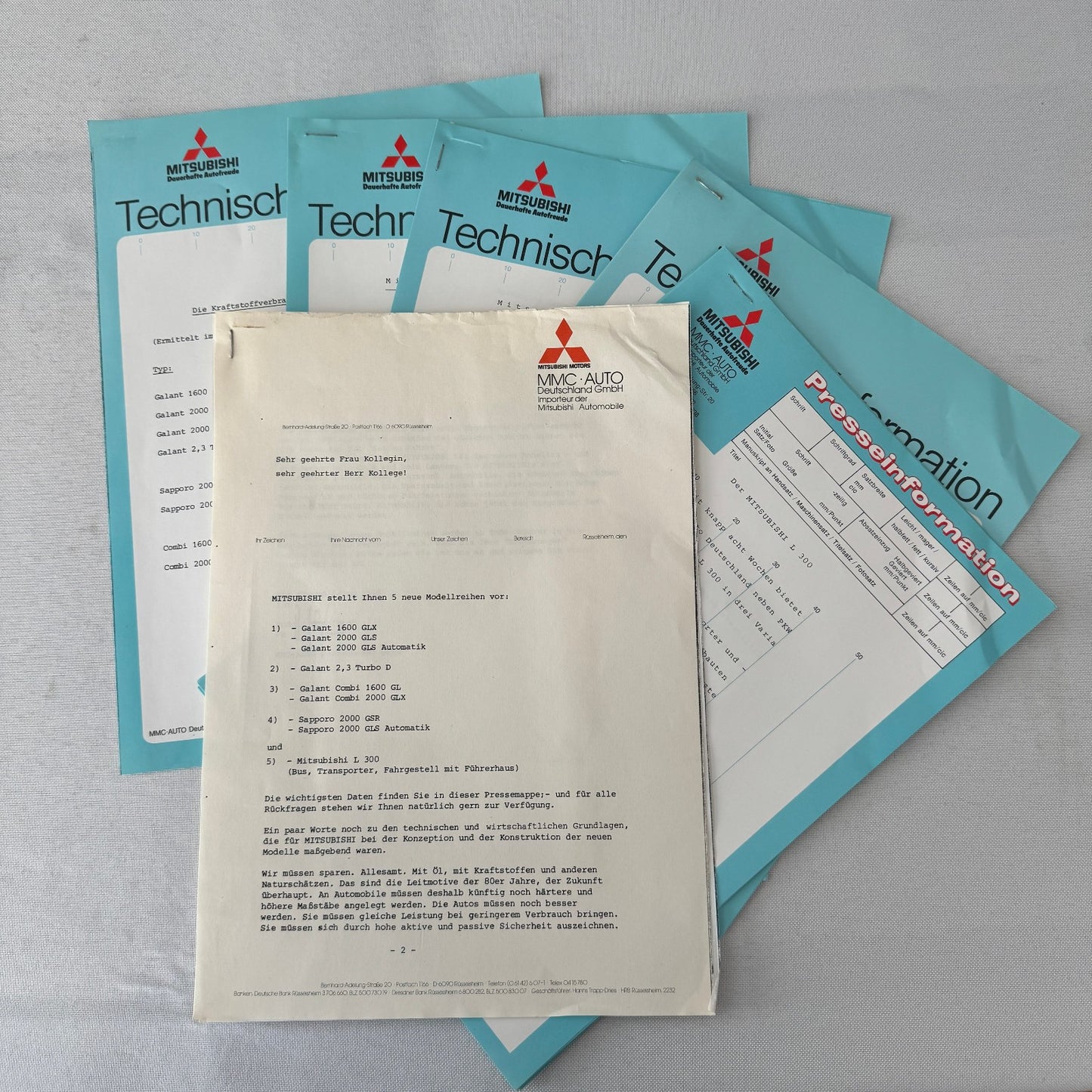 Vintage Mitsubishi Car Press Kit Photos Brochure Galant Lancer Turbo Colt GERMAN