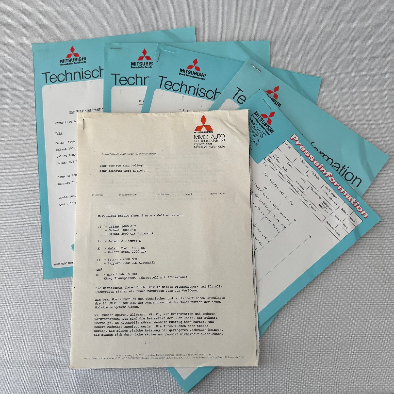 Vintage Mitsubishi Car Press Kit Photos Brochure Galant Lancer Turbo Colt GERMAN