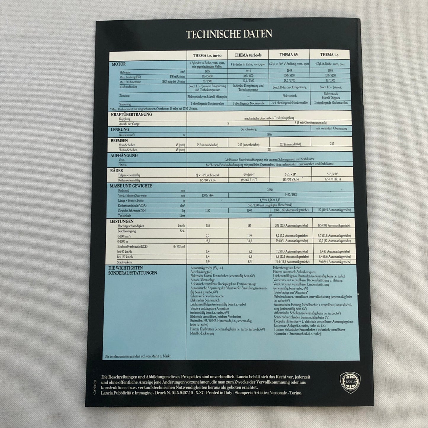 Lancia Thema Car Sales Brochure Catalog German Turbo V6 i.e.