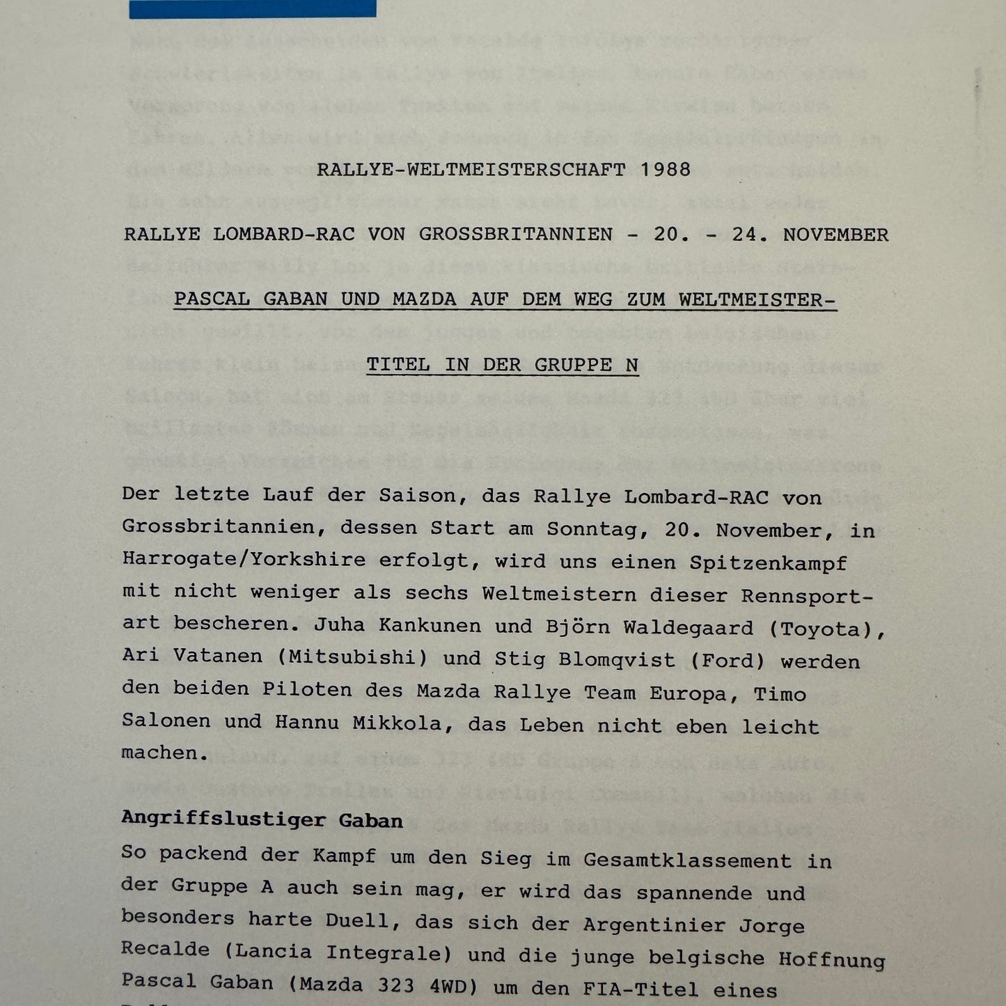 1988 Mazda Rallye Racing Press Release Document Lot 2x Mazda 323 German Text