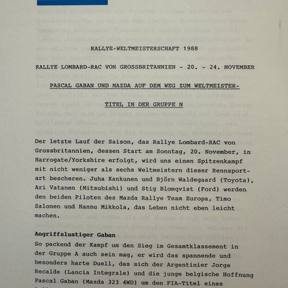 1988 Mazda Rallye Racing Press Release Document Lot 2x Mazda 323 German Text