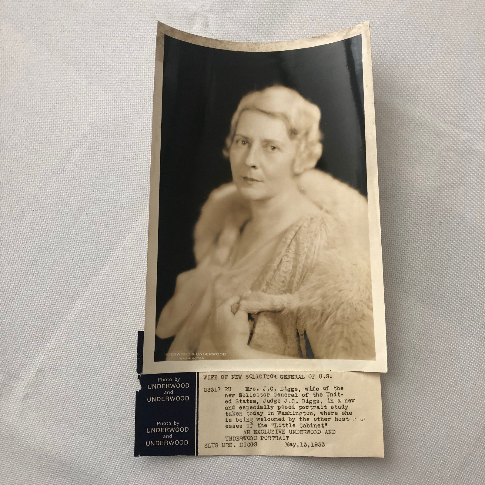 Press Photo Photograph Society Woman Wife of Solicitor General 1933 JC Biggs
