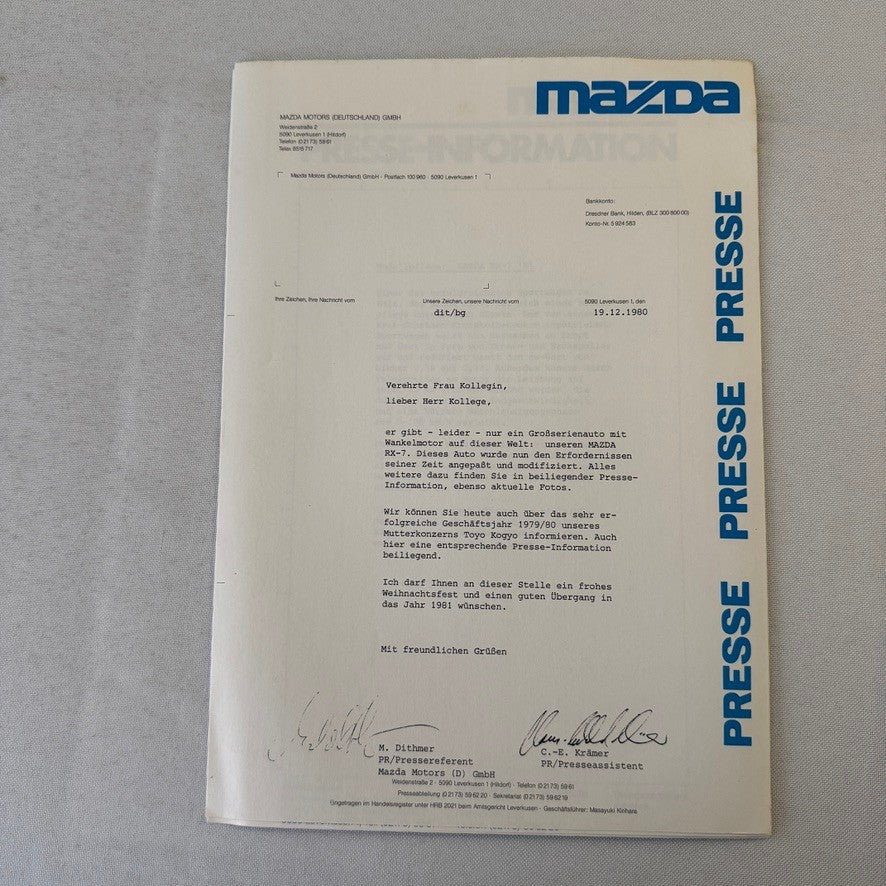 1981 Mazda RX-7 Press Kit Brochure Photos GERMAN Mazda RX7 RX 7 Sports Car