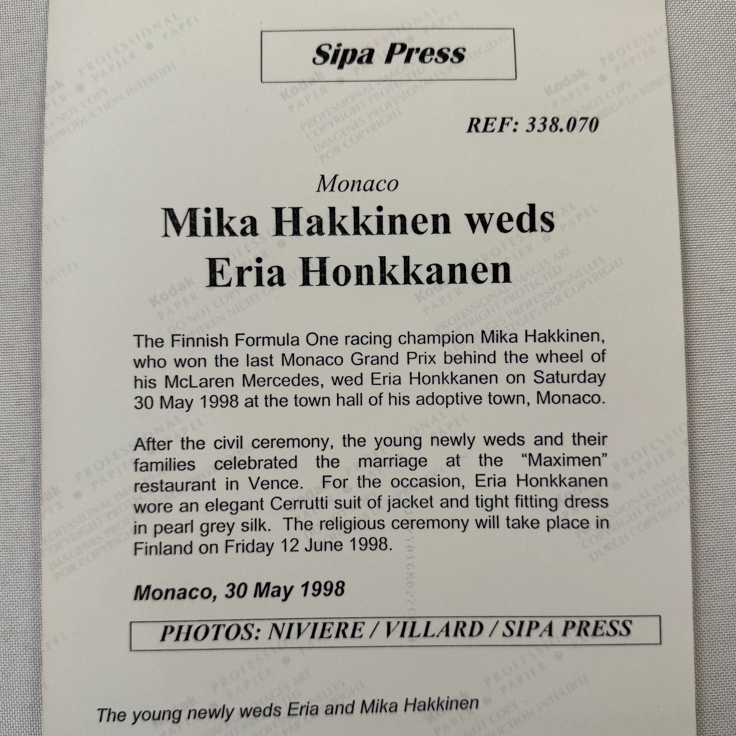 Mika Hakkinen Racing Driver Wedding Photo Photograph Monaco Eria Honkkanen