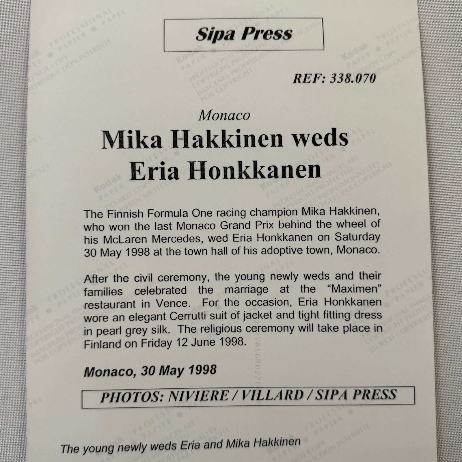 Mika Hakkinen Racing Driver Wedding Photo Photograph Monaco Eria Honkkanen