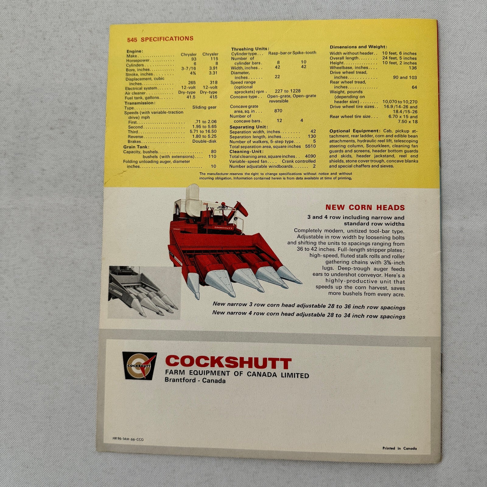 Cockshutt 545 Combine Sales Brochure Catalog Vintage Farm Equipment