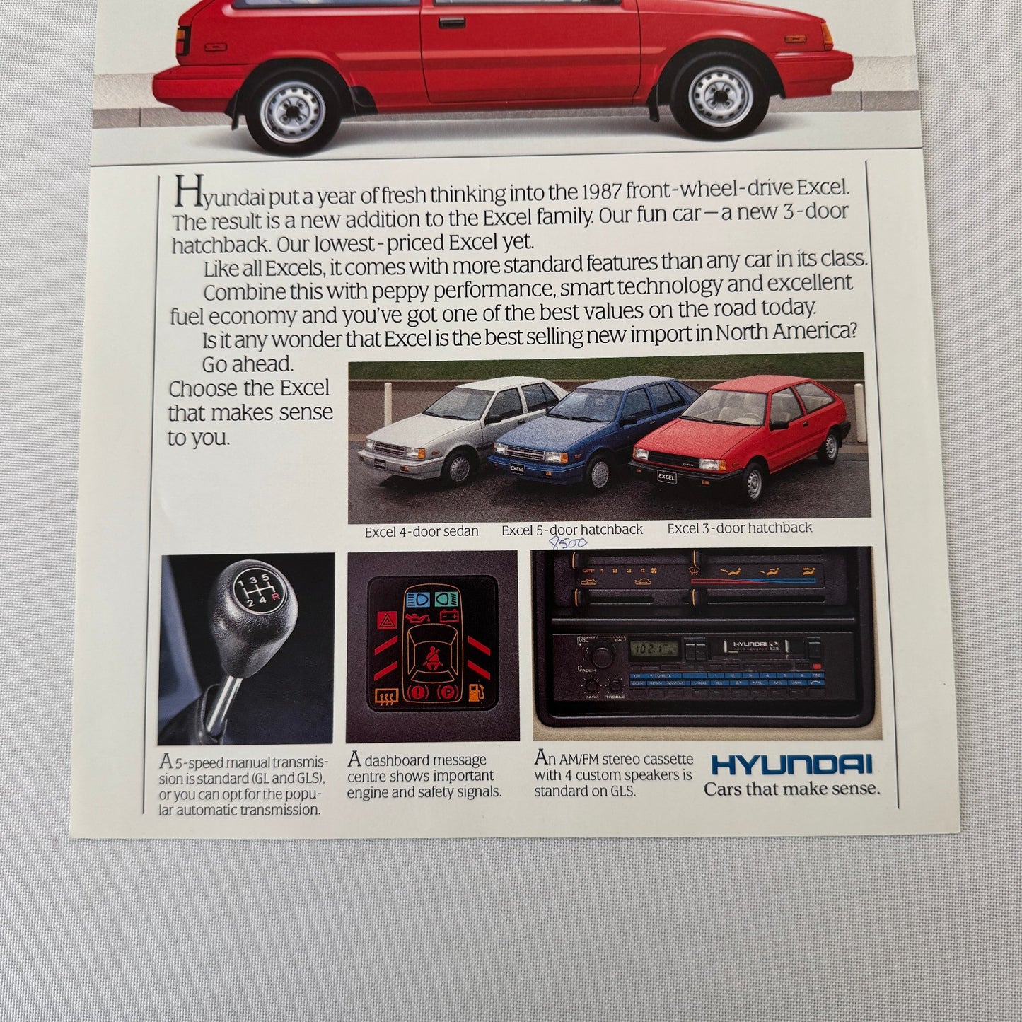 1987 Hyundai Excel Car Sales Sheet Brochure Canadian Market Vintage