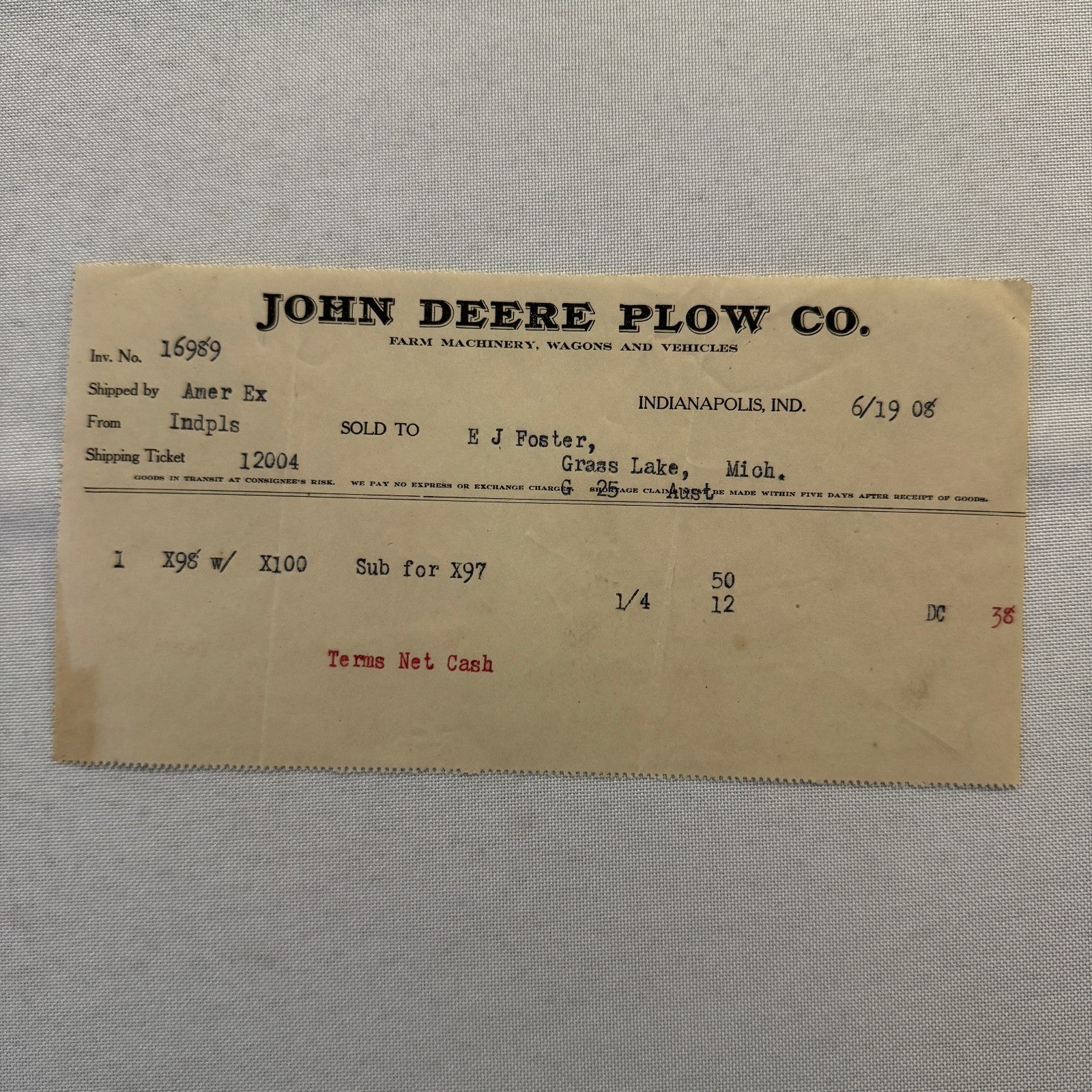 1908 John Deere Plow Company Antique Document Receipt Invoice Farm Equipment