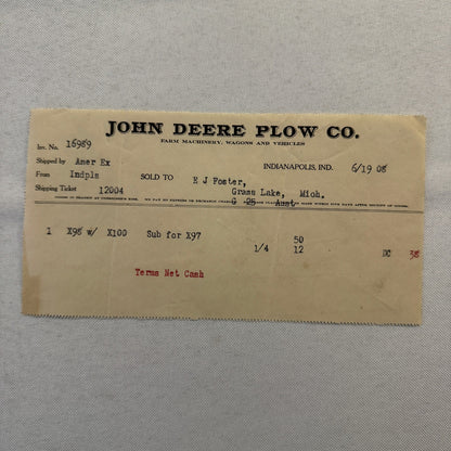 1908 John Deere Plow Company Antique Document Receipt Invoice Farm Equipment