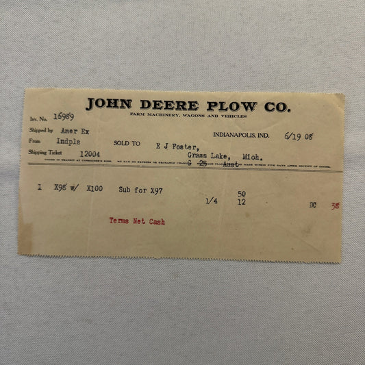1908 John Deere Plow Company Antique Document Receipt Invoice Farm Equipment