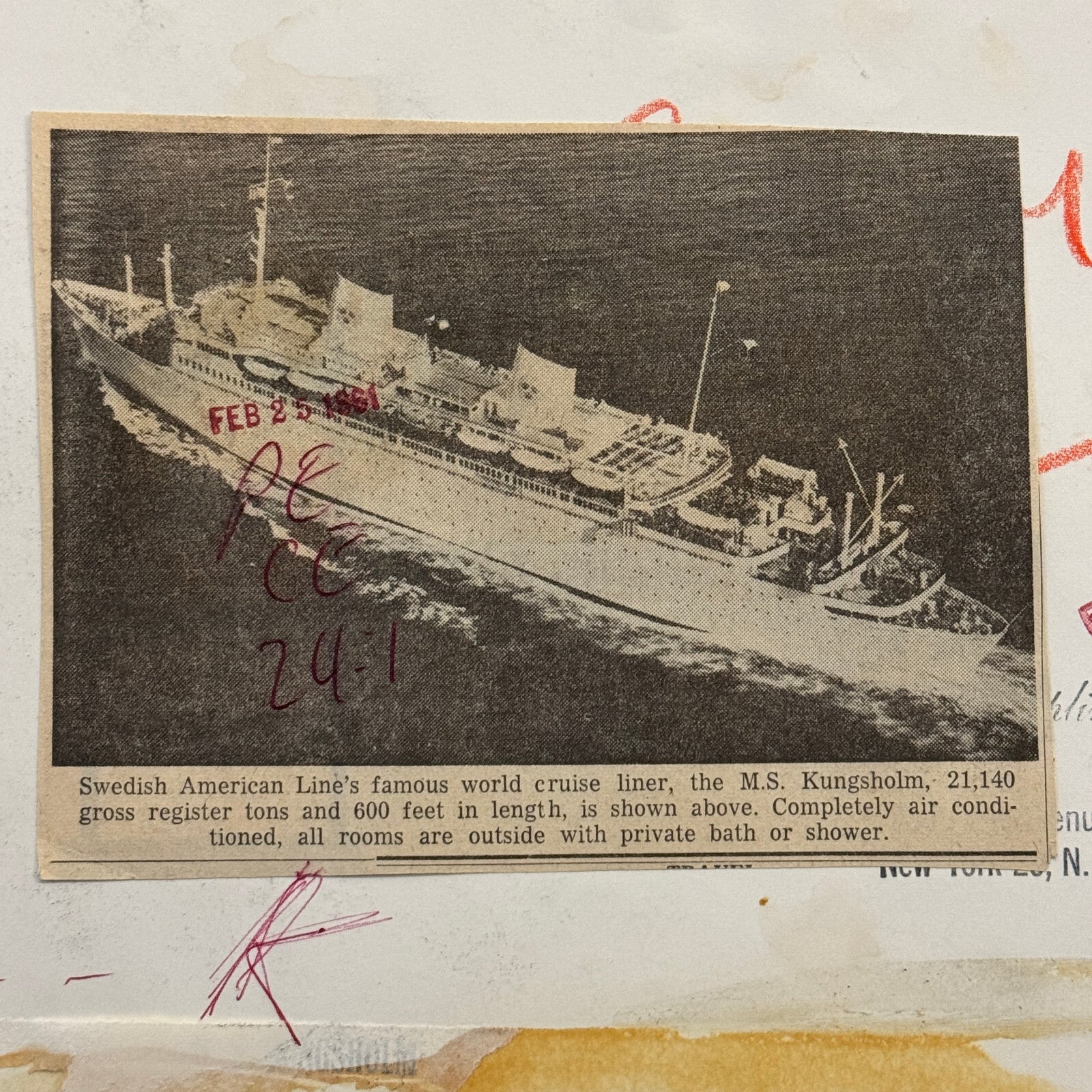 Vintage Ship Boat Photo Photograph Swedish Line MS Kungsholm 1961