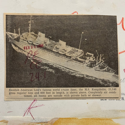 Vintage Ship Boat Photo Photograph Swedish Line MS Kungsholm 1961