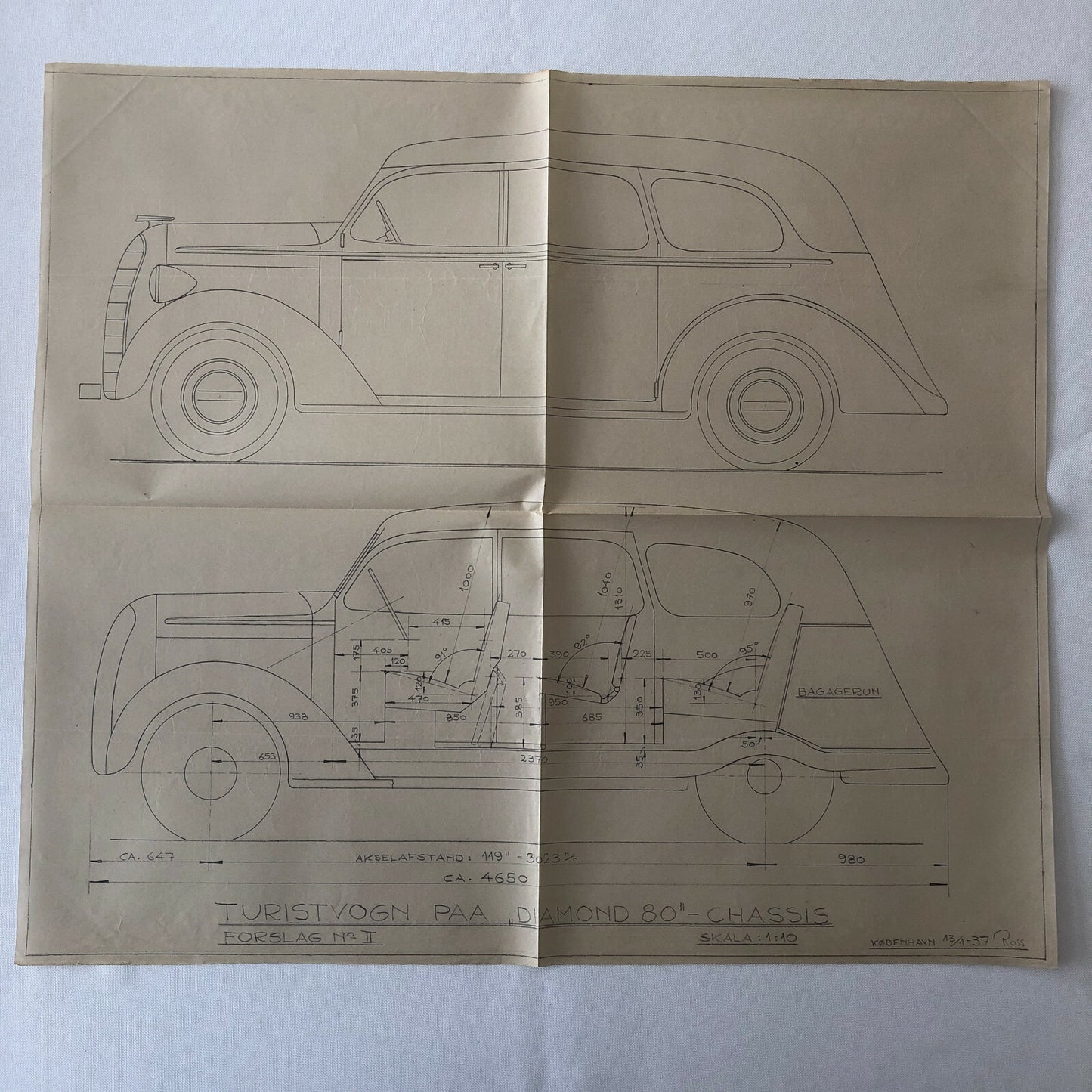 1937 Coachbuilder Car Design Blueprint Rendering Blue Print 4-door Sedan 