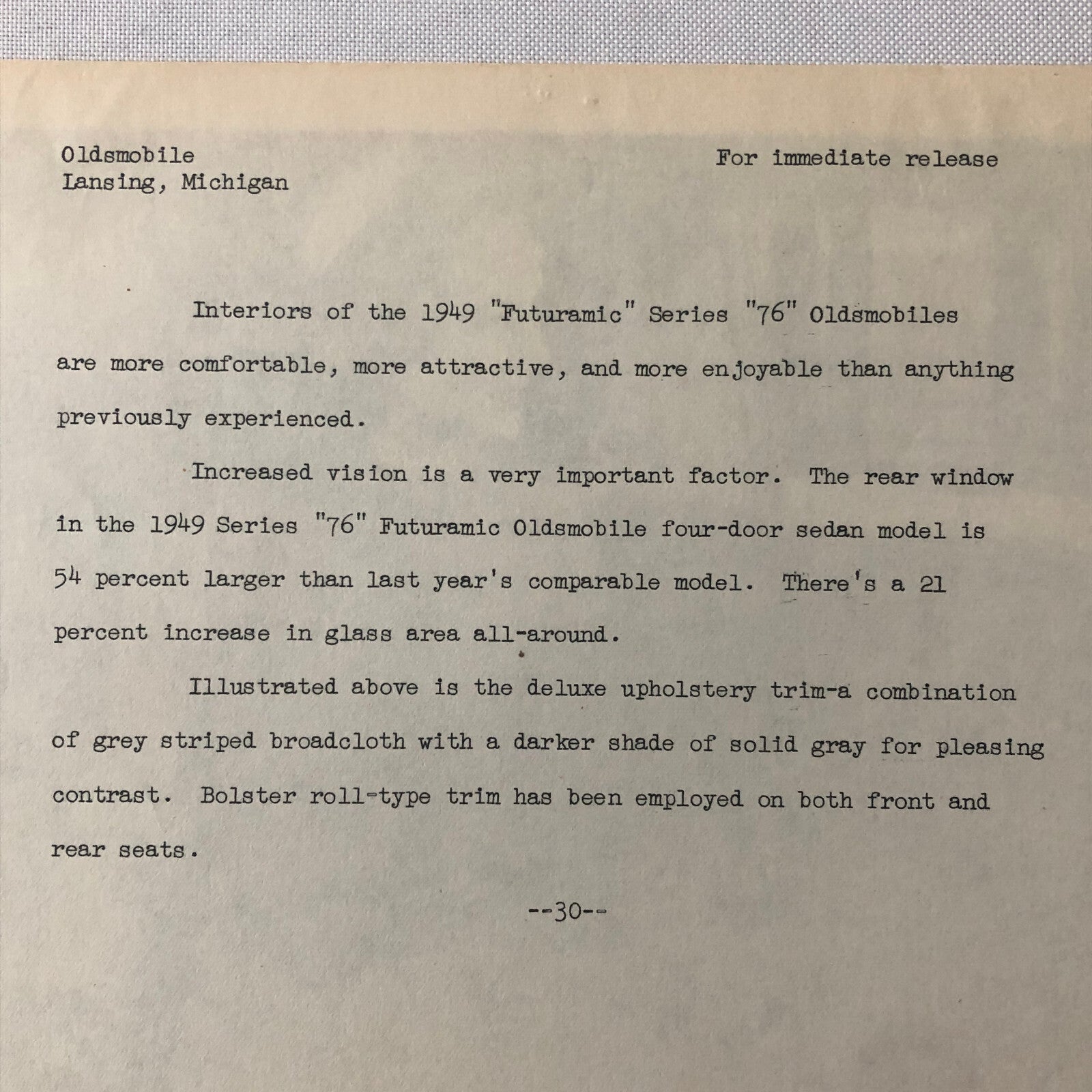 1949 Oldsmobile Series 76 Futuramic Factory Press Photo Photograph