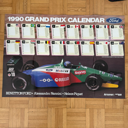 1990 Formula One Grand Prix Racing Calendar Poster Benetton Ford Nelson Piquet