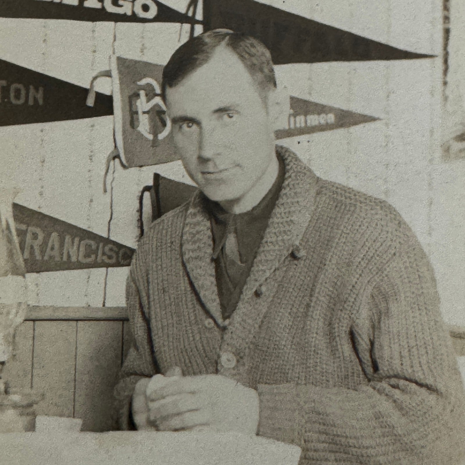 Vintage Photo Photograph Man with City Pennants Chicago Toronto Hamilton Sports