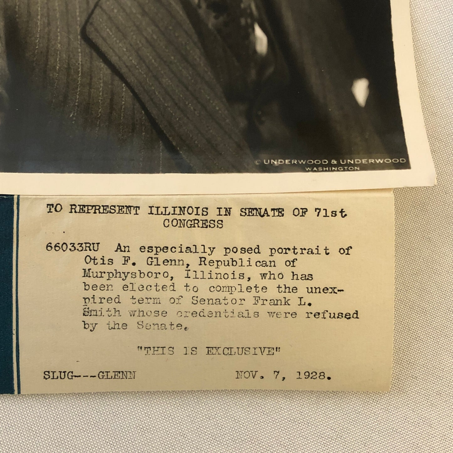Press Photo Photograph Republican Senator Otis F Glenn Illinois Underwood 1928